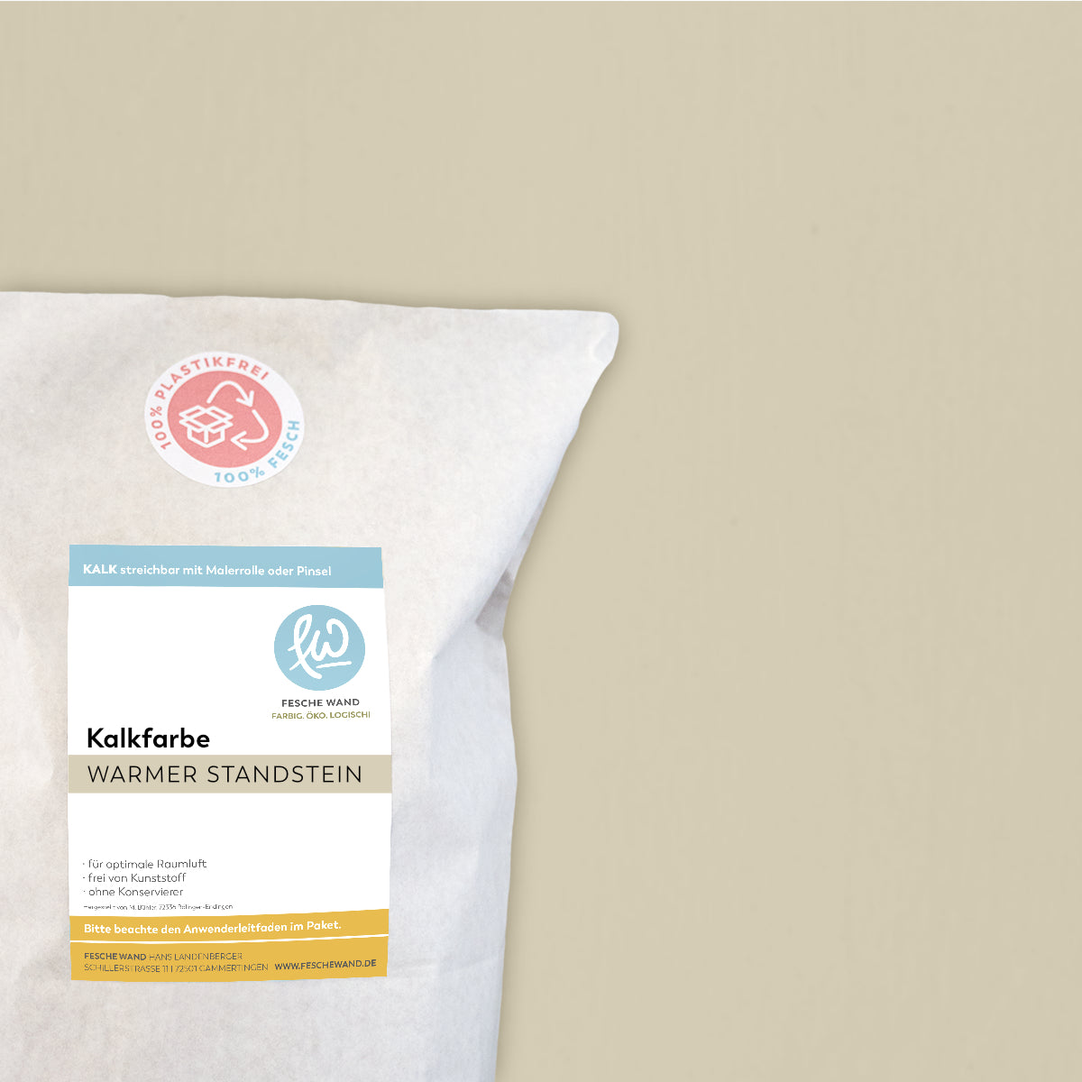 Kalkfarbe - 0.8 KG in warmer Sandstein (sandbeige) von Fesche Wand - #farbe_warmer Sandstein (sandbeige)