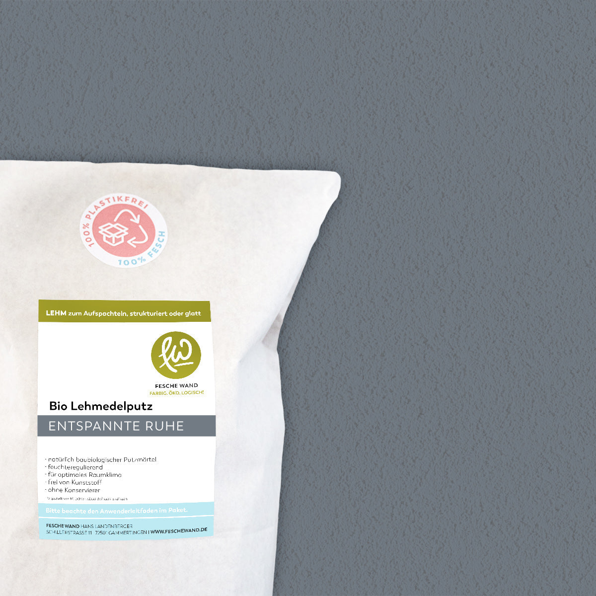 Bio Lehmoberputz - Lehmedelputz - 0,8 KG in entspannte Ruhe (sattes blaugrau) von Fesche Wand - #farbe_entspannte Ruhe (sattes blaugrau)