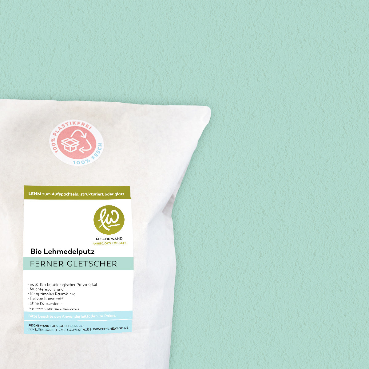 Bio Lehmoberputz - Lehmedelputz - 0,8 KG in ferner Gletscher (kühles grün) von Fesche Wand - #farbe_ferner Gletscher (kühles grün)