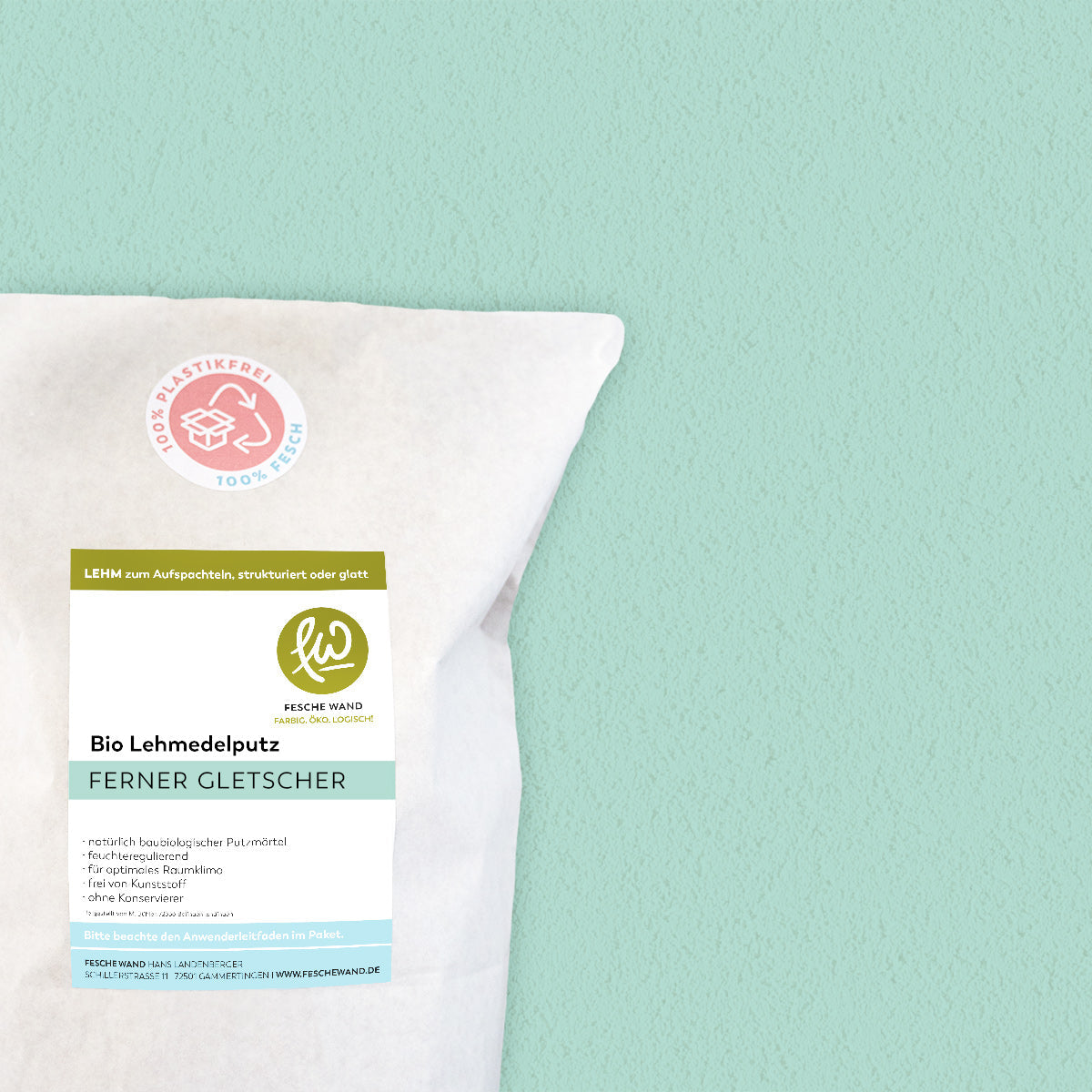 Bio Lehmoberputz - Lehmedelputz - 0,8 KG in ferner Gletscher (kühles grün) von Fesche Wand - #farbe_ferner Gletscher (kühles grün)