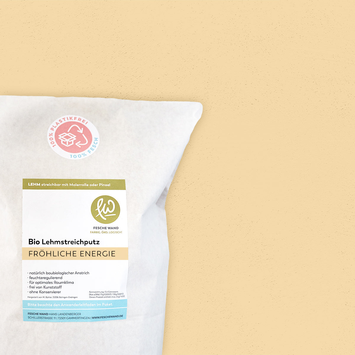 Bio Lehmstreichputz - 0,8 KG in fröhliche Energie (gelborange) von Fesche Wand - #farbe_fröhliche Energie (gelborange)