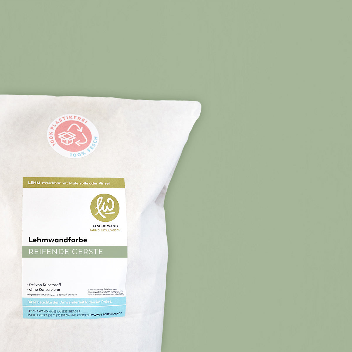 Lehmwandfarbe - 0,8 KG in reifende Gerste (kühl gedämpftes grün) von Fesche Wand - #farbe_reifende Gerste (kühl gedämpftes grün)