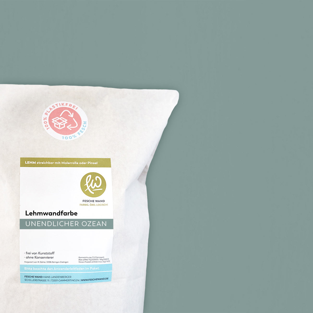 Lehmwandfarbe - 0,8 KG in unendlicher Ozean (kräftiges graugrün) von Fesche Wand - #farbe_unendlicher Ozean (kräftiges graugrün)