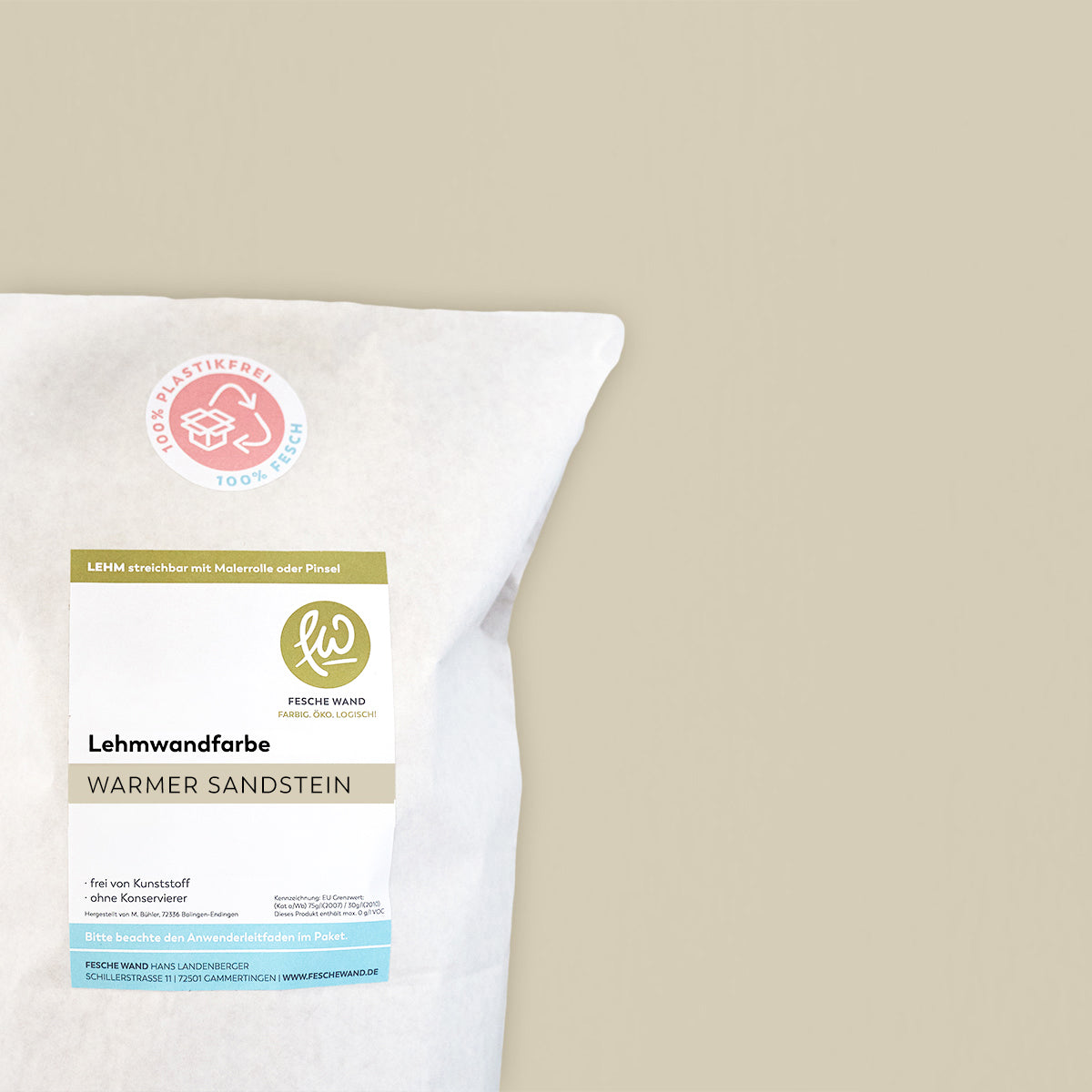 Lehmwandfarbe - 0,8 KG in warmer Sandstein (sandbeige) von Fesche Wand - #farbe_warmer Sandstein (sandbeige)