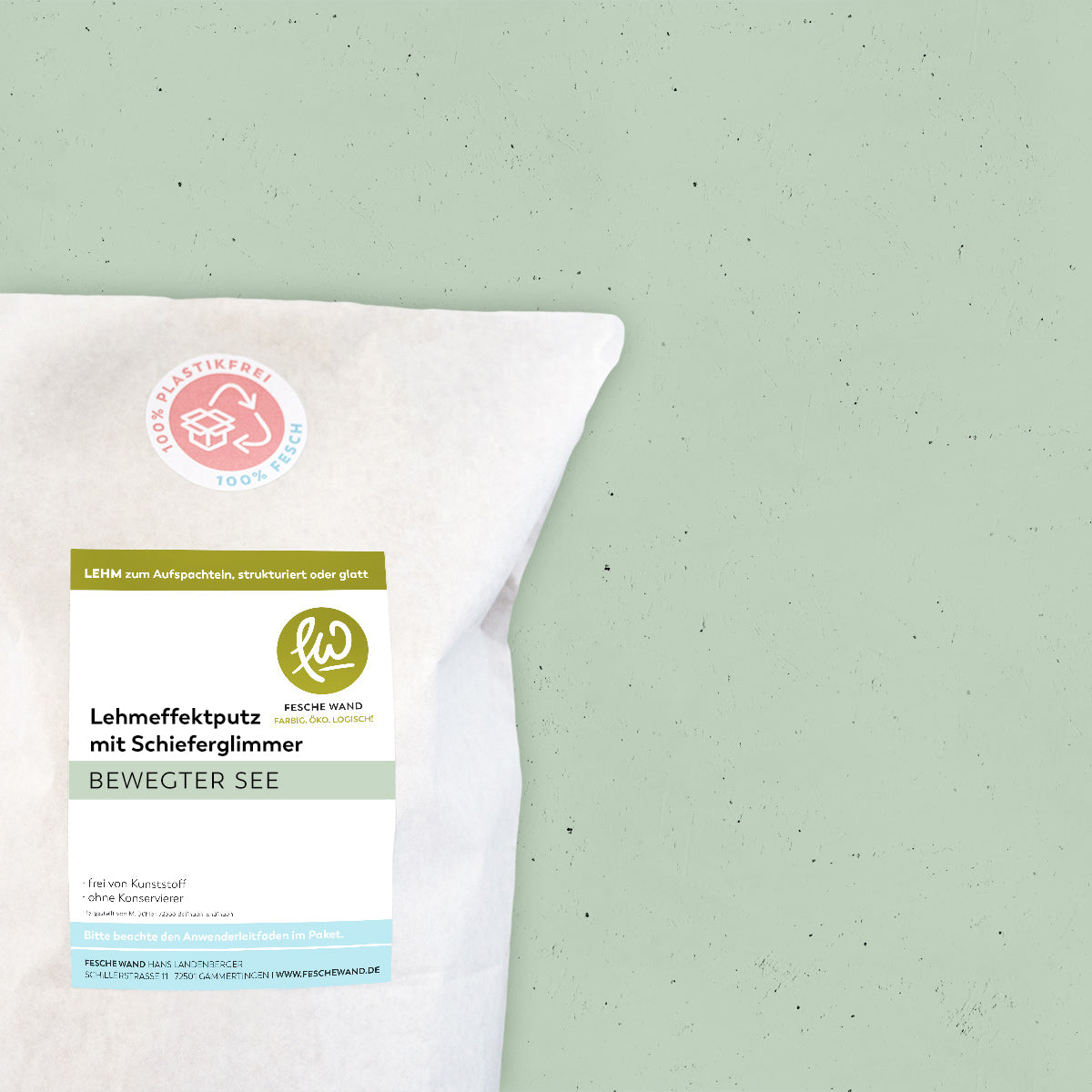 Lehmeffektputz mit Schieferglimmer - 0,8 KG in bewegter See (gedämpftes grün) von Fesche Wand - #farbe_bewegter See (gedämpftes grün)
