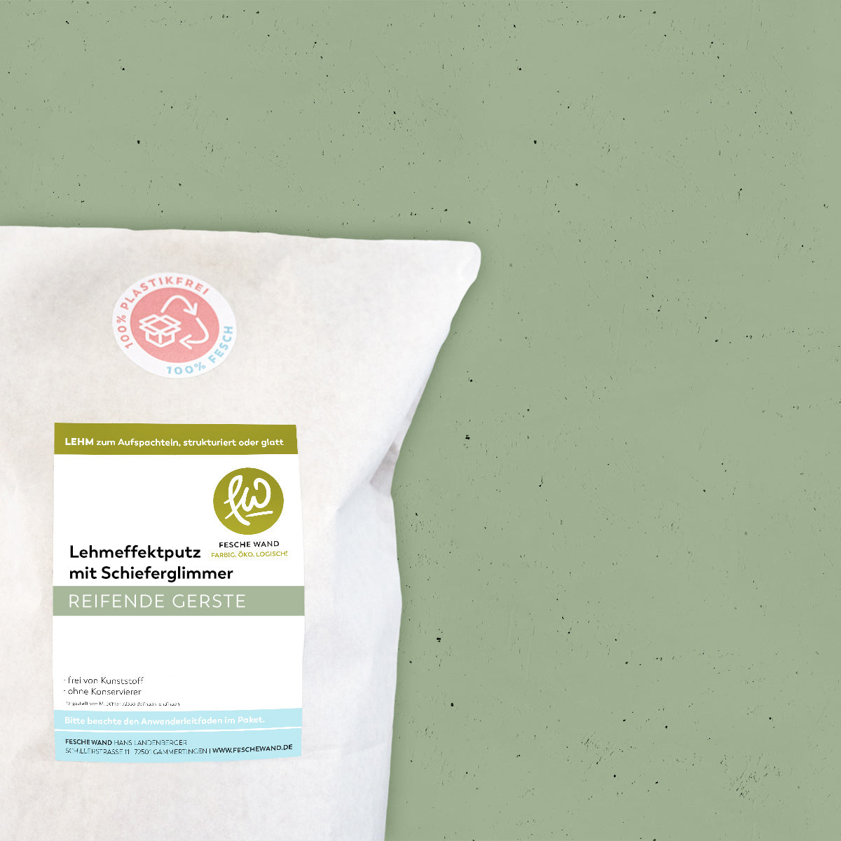 Lehmeffektputz mit Schieferglimmer - 0,8 KG in reifende Gerste (kühl gedämpftes grün) von Fesche Wand - #farbe_reifende Gerste (kühl gedämpftes grün)