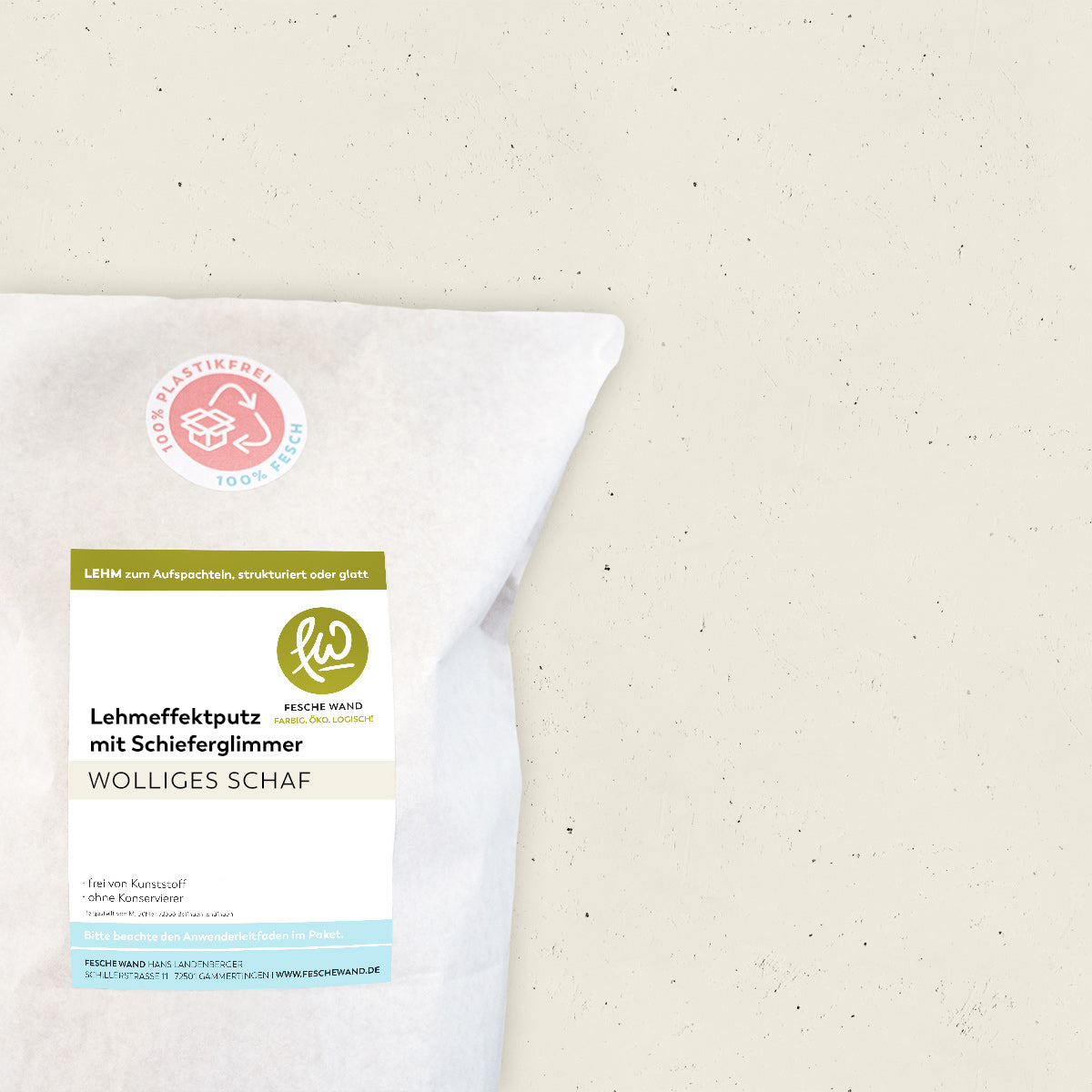 Lehmeffektputz mit Schieferglimmer - 0,8 KG in wolliges Schaf (warmes beige) von Fesche Wand - #farbe_wolliges Schaf (warmes beige)