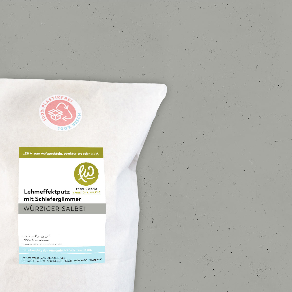 Lehmeffektputz mit Schieferglimmer - 0,8 KG in würziger Salbei (warmes grau) von Fesche Wand - #farbe_würziger Salbei (warmes grau)