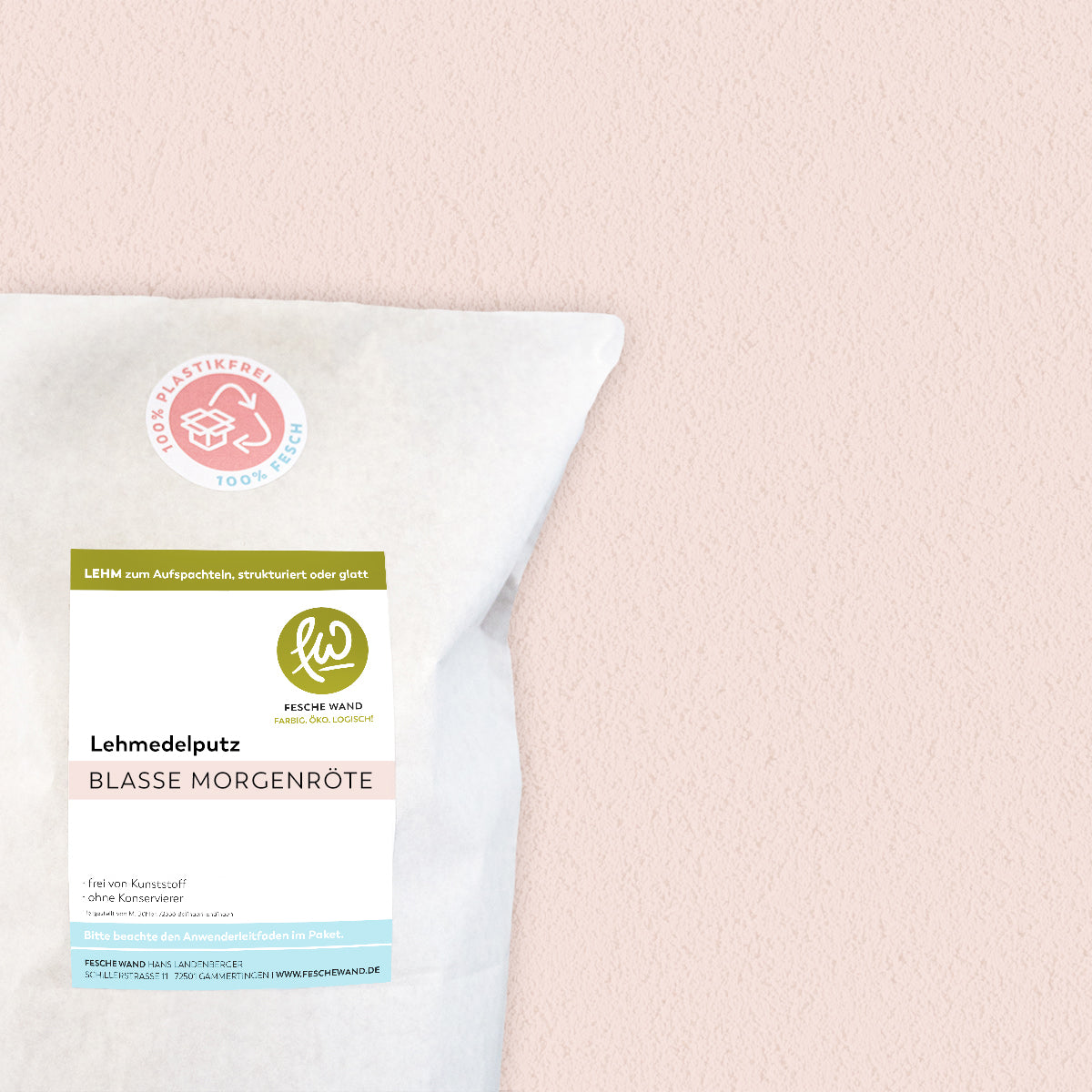 Lehmoberputz - Lehmedelputz - 0,8 KG in blasse Morgenröte (hell-rosa) von Fesche Wand - #farbe_blasse Morgenröte (hell-rosa)