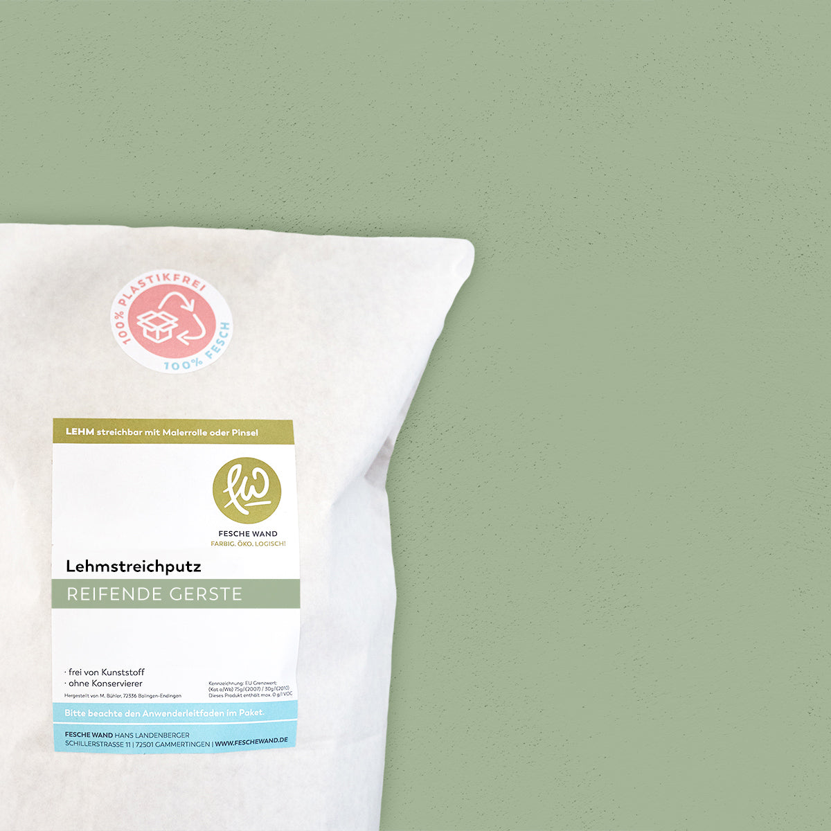 Lehmstreichputz - 0,8 KG in reifende Gerste (kühl gedämpftes grün) von Fesche Wand - #farbe_reifende Gerste (kühl gedämpftes grün)