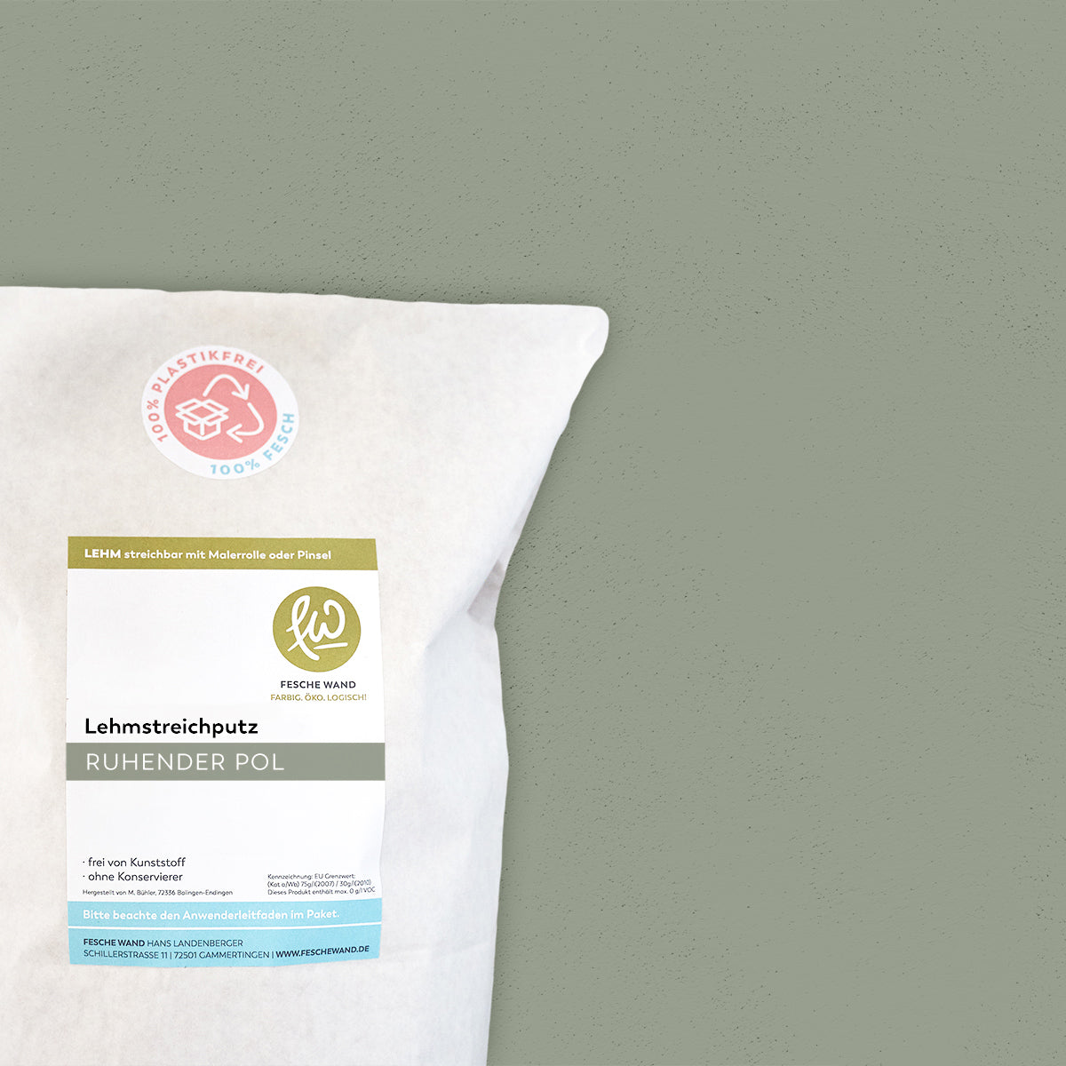 Lehmstreichputz - 0,8 KG in ruhender Pol (olivgrün) von Fesche Wand - #farbe_ruhender Pol (olivgrün)