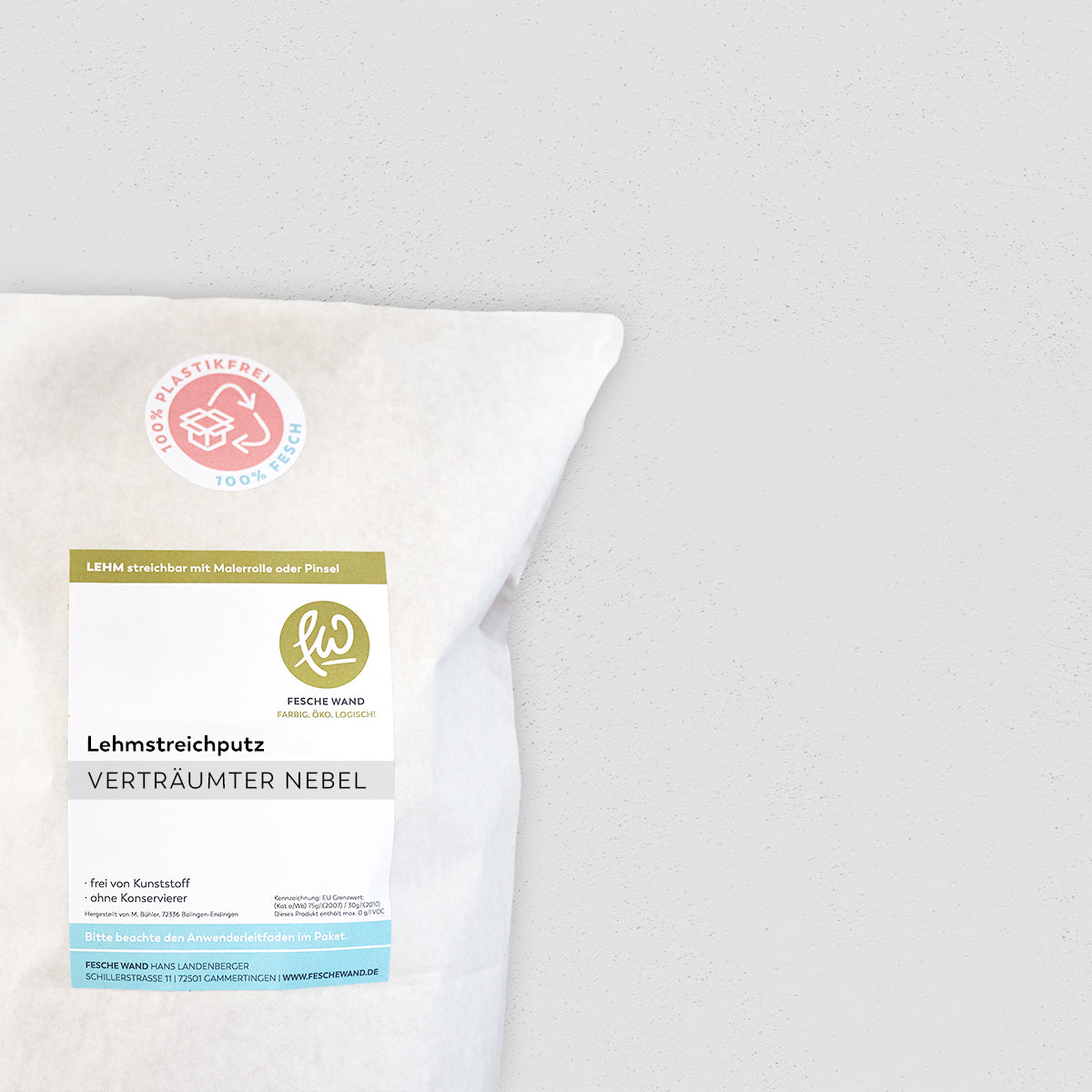 Lehmstreichputz - 0,8 KG in verträumter Nebel (kühles hellgrau) von Fesche Wand - #farbe_verträumter Nebel (kühles hellgrau)