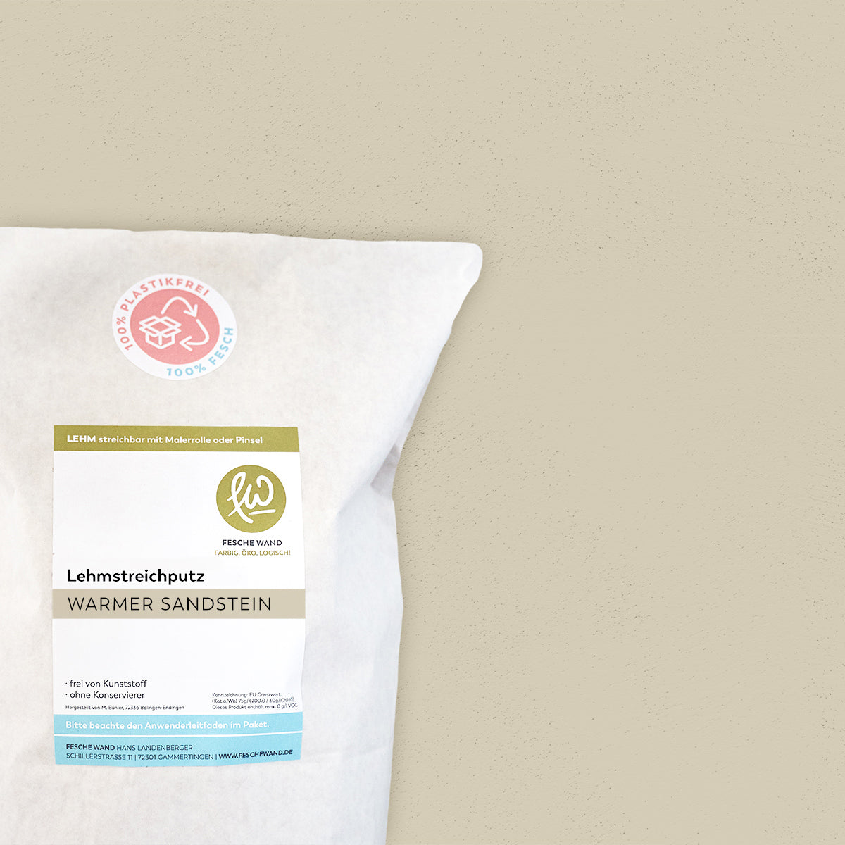 Lehmstreichputz - 0,8 KG in warmer Sandstein (sandbeige) von Fesche Wand - #farbe_warmer Sandstein (sandbeige)