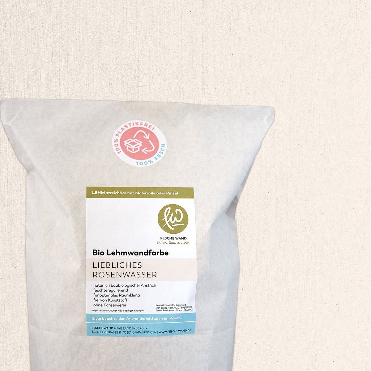 Bio Lehmwandfarbe - 2 KG in liebliches Rosenwasser (zartes rosé) von Fesche Wand - #farbe_liebliches Rosenwasser (zartes rosé)