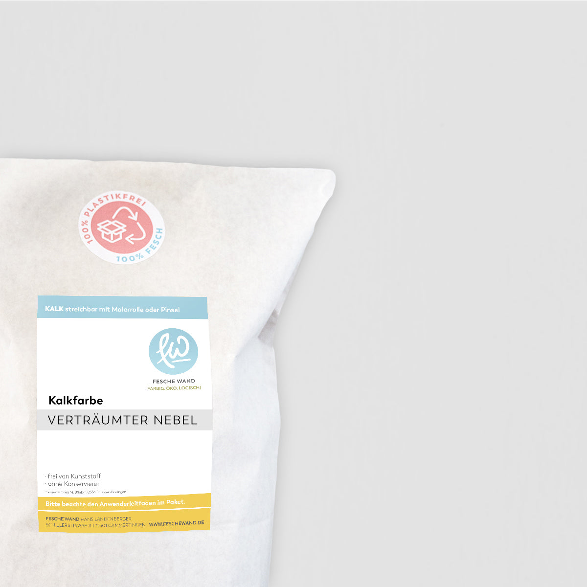 Kalkfarbe - 0.8 KG in verträumter Nebel (kühles hellgrau) von Fesche Wand - #farbe_verträumter Nebel (kühles hellgrau)