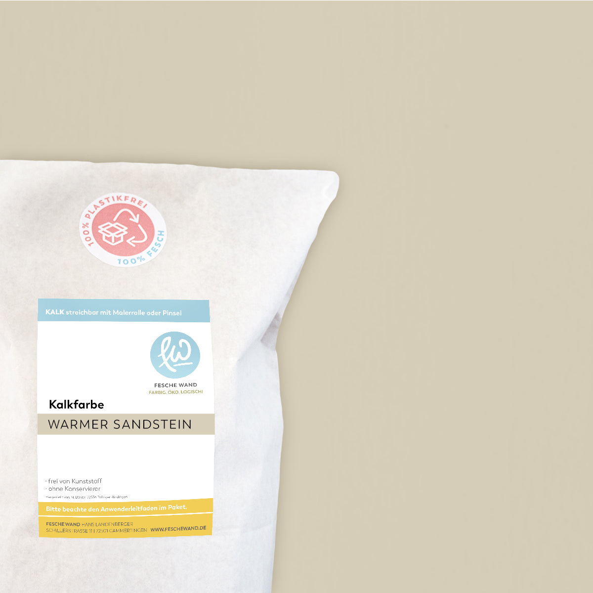 Kalkfarbe - 0.8 KG in warmer Sandstein (sandbeige) von Fesche Wand - #farbe_warmer Sandstein (sandbeige)