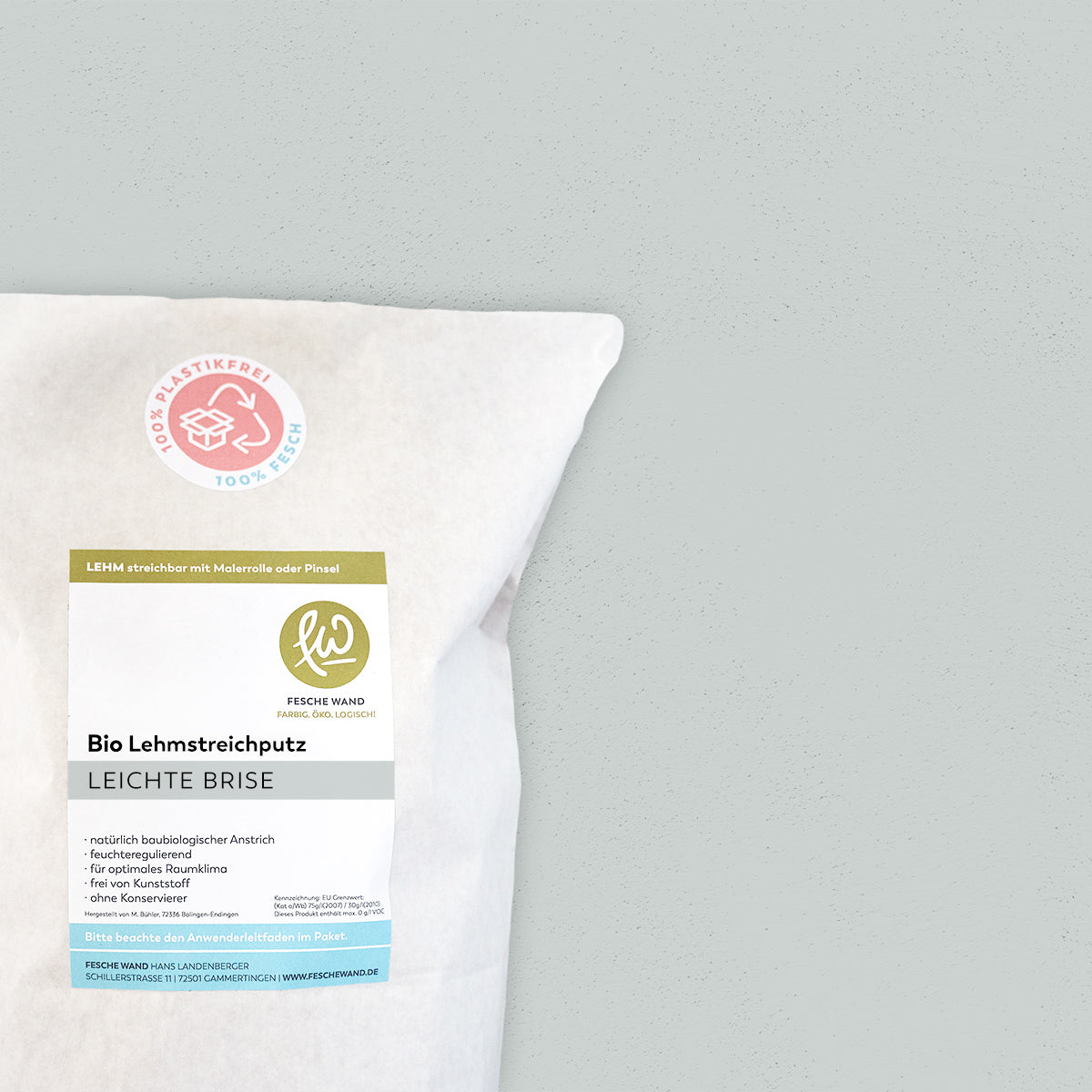 Bio Lehmstreichputz - 0,8 KG in leichte Brise (blaugrau) von Fesche Wand - #farbe_leichte Brise (blaugrau)