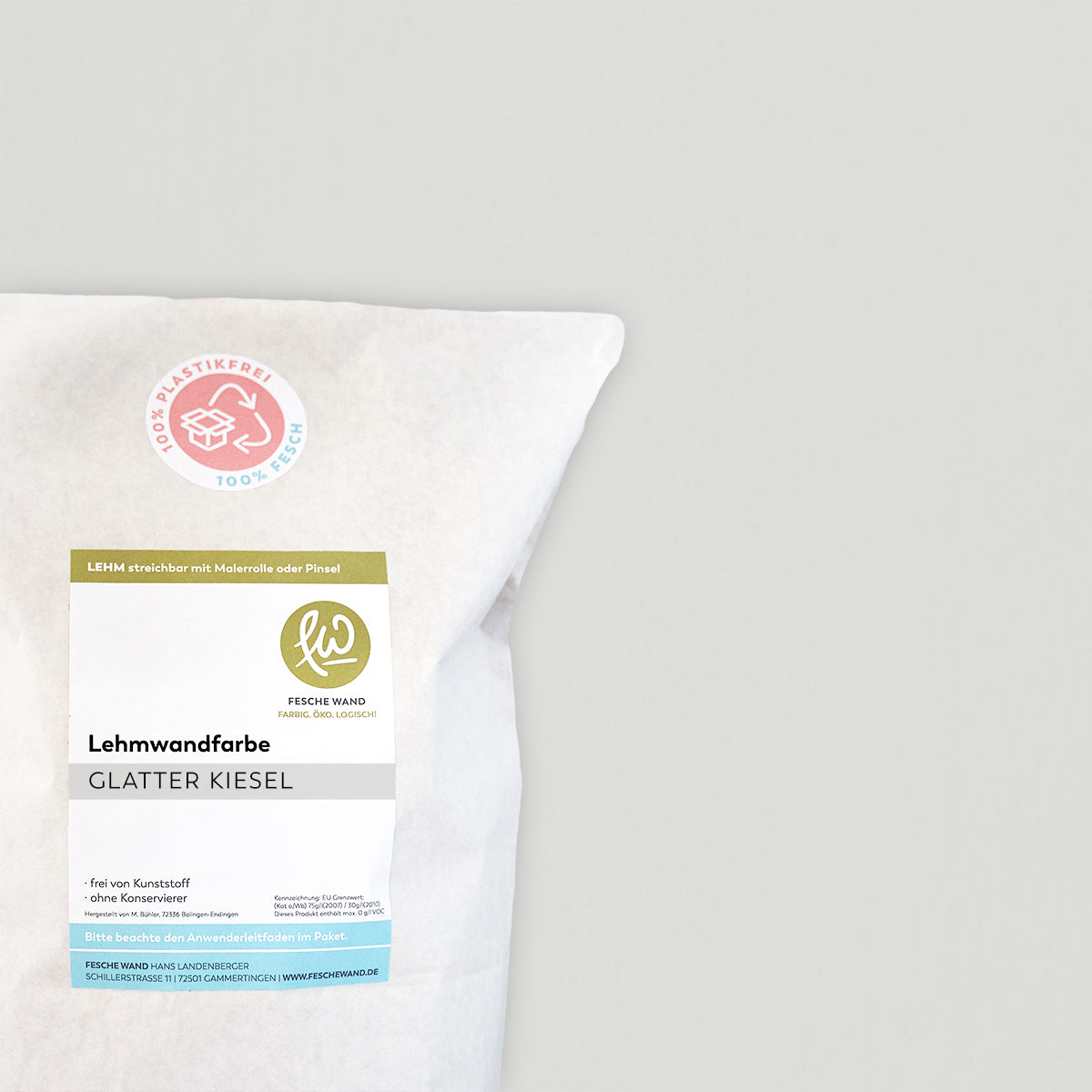 Lehmwandfarbe - 0,8 KG in glatter Kiesel (hellgrau) von Fesche Wand - #farbe_glatter Kiesel (hellgrau)
