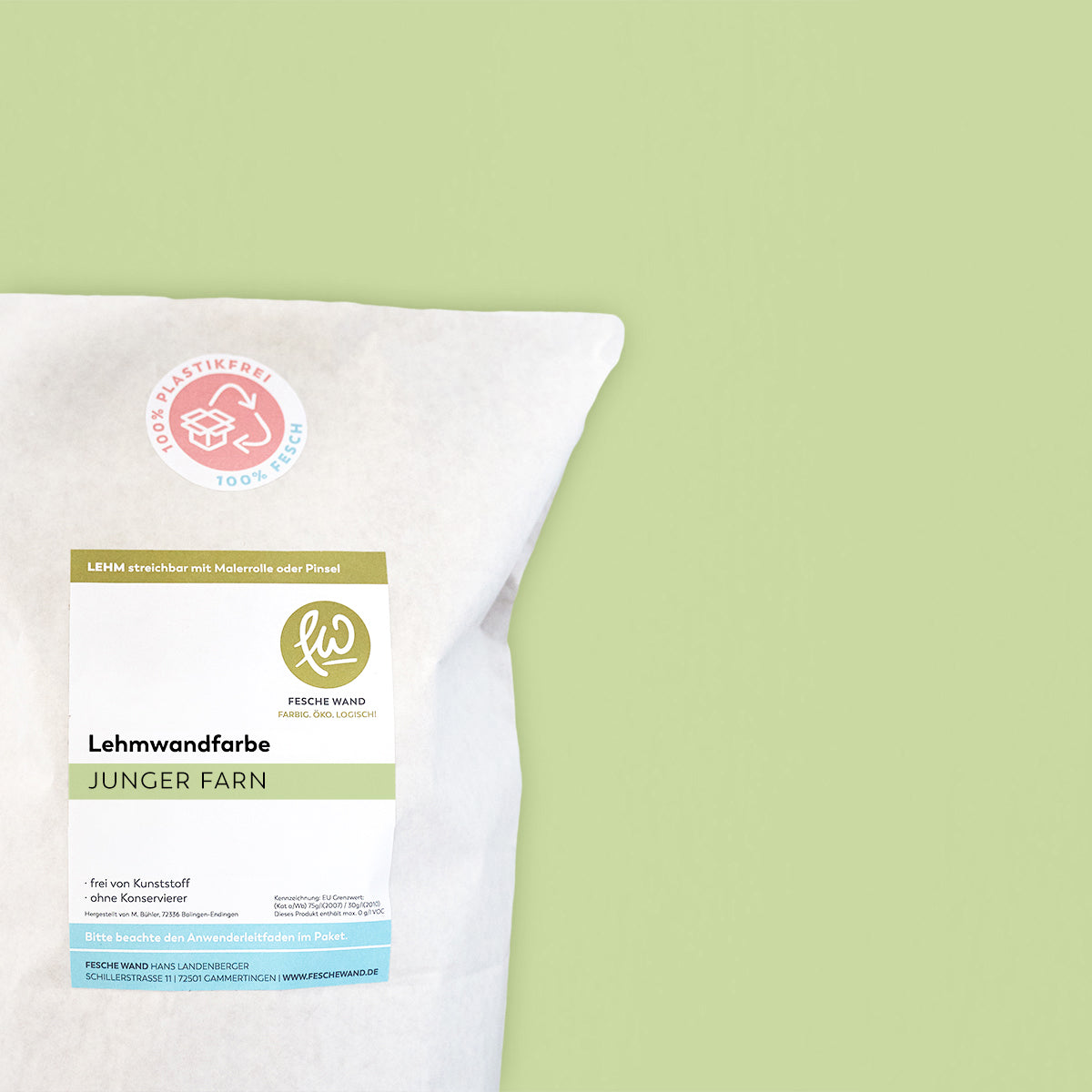 Lehmwandfarbe - 0,8 KG in junger Farn (gelbgrün) von Fesche Wand - #farbe_junger Farn (gelbgrün)