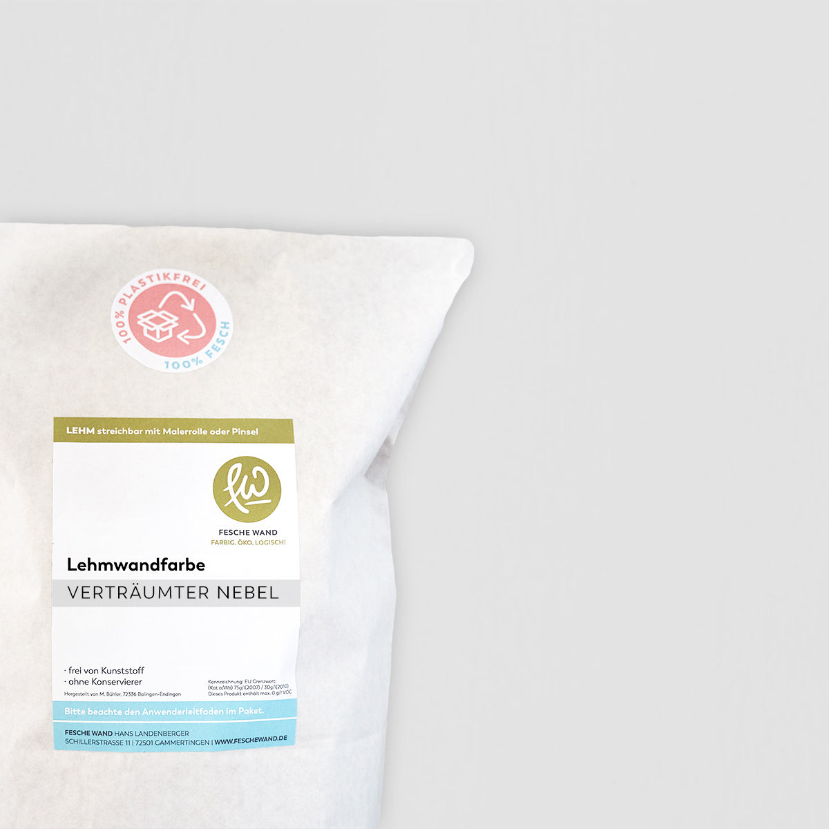 Lehmwandfarbe - 0,8 KG in verträumter Nebel (kühles hellgrau) von Fesche Wand - #farbe_verträumter Nebel (kühles hellgrau)