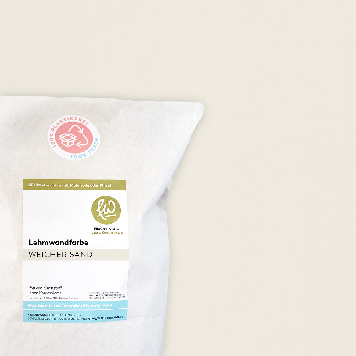 Lehmwandfarbe - 0,8 KG in weicher Sand (beige) von Fesche Wand - #farbe_weicher Sand (beige)
