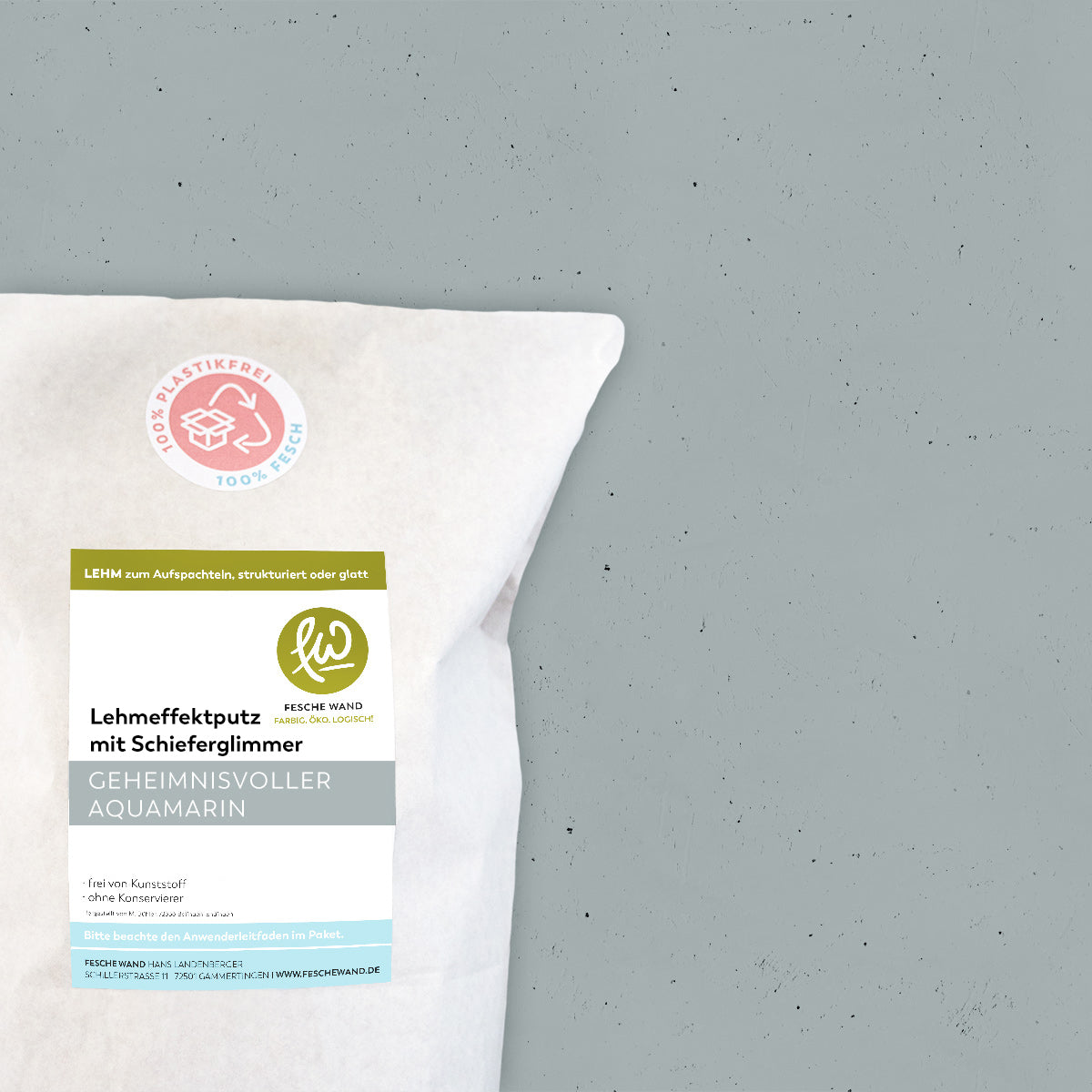 Lehmeffektputz mit Schieferglimmer - 0,8 KG in geheimnisvoller Aquamarin (gedämpftes blau) von Fesche Wand - #farbe_geheimnisvoller Aquamarin (gedämpftes blau)