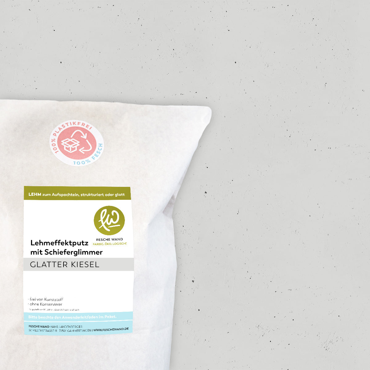 Lehmeffektputz mit Schieferglimmer - 0,8 KG in glatter Kiesel (hellgrau) von Fesche Wand - #farbe_glatter Kiesel (hellgrau)