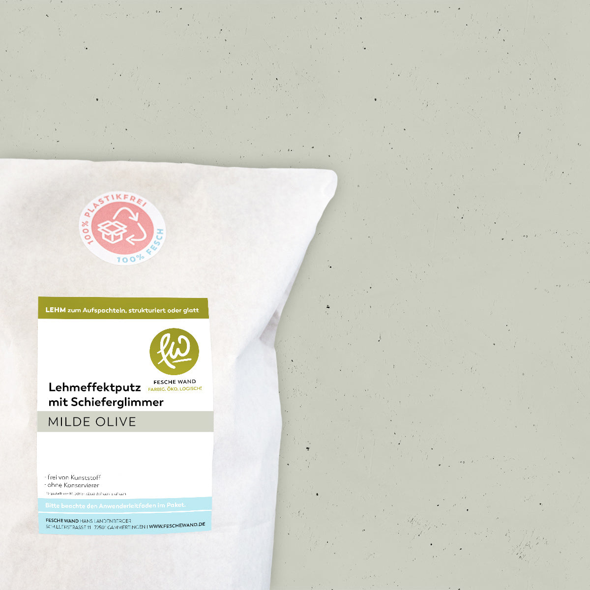 Lehmeffektputz mit Schieferglimmer - 0,8 KG in milde Olive (graugrün) von Fesche Wand - #farbe_milde Olive (graugrün)