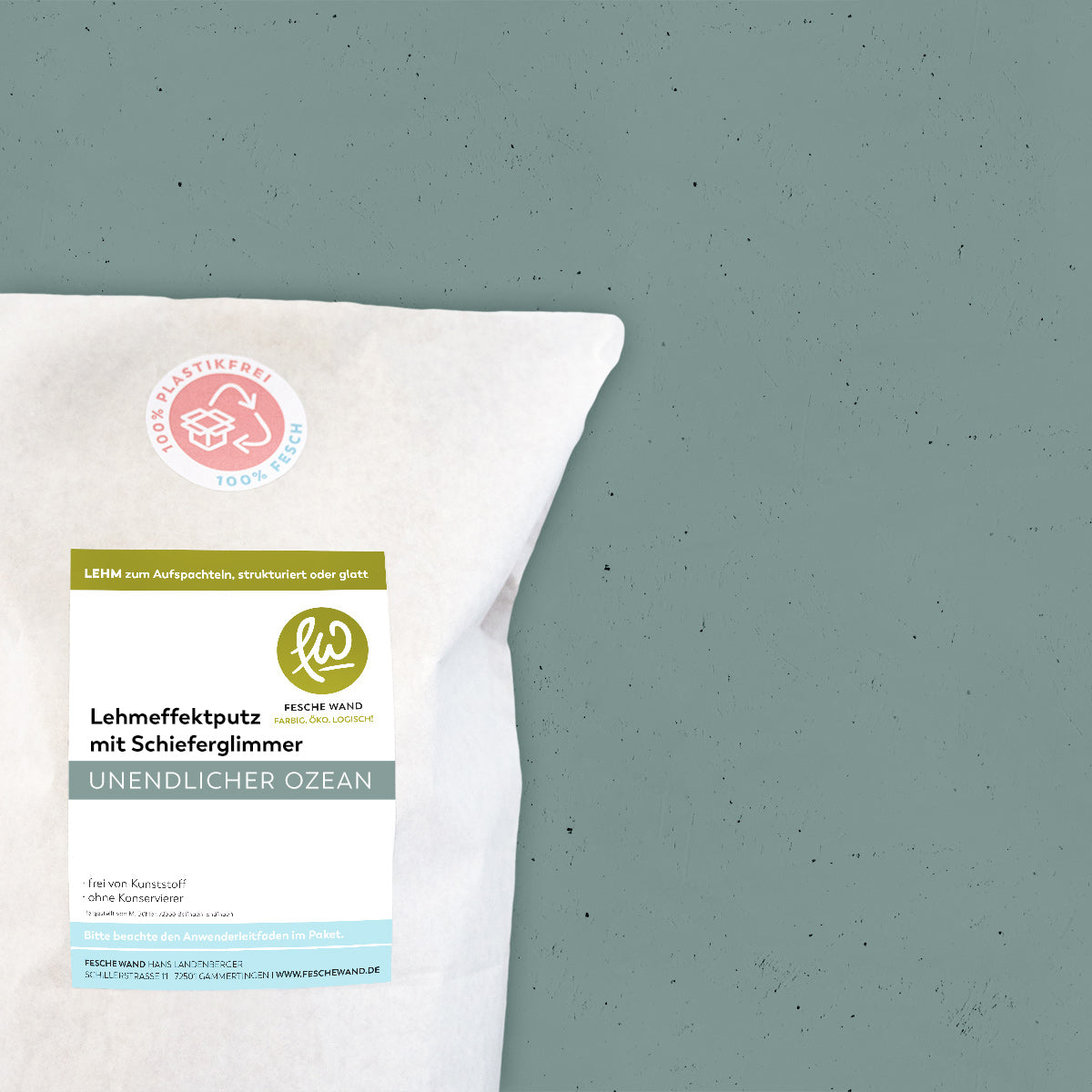 Lehmeffektputz mit Schieferglimmer - 0,8 KG in unendlicher Ozean (kräftiges graugrün) von Fesche Wand - #farbe_unendlicher Ozean (kräftiges graugrün)
