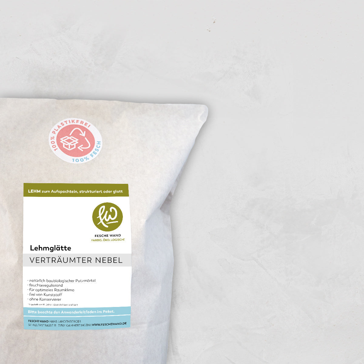 Lehmglätte - 0,8 KG in verträumter Nebel (kühles hellgrau) von Fesche Wand - #farbe_verträumter Nebel (kühles hellgrau)