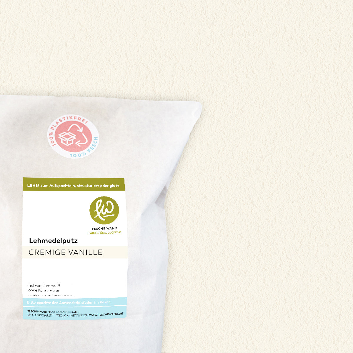 Lehmoberputz - Lehmedelputz - 0,8 KG in cremige Vanille (creme-weiß) von Fesche Wand - #farbe_cremige Vanille (creme-weiß)