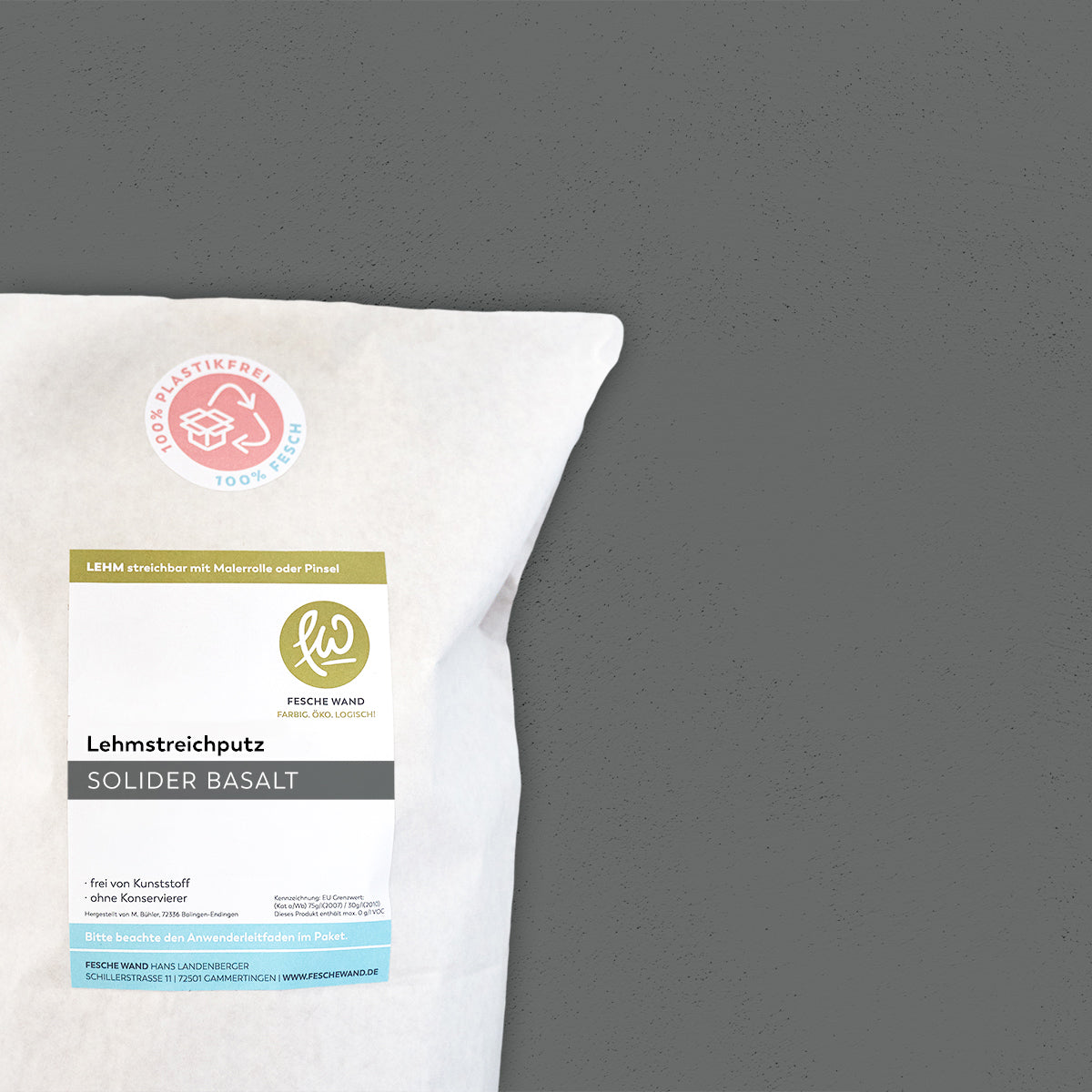 Lehmstreichputz - 0,8 KG in solider Basalt (anthrazit) von Fesche Wand - #farbe_solider Basalt (anthrazit)