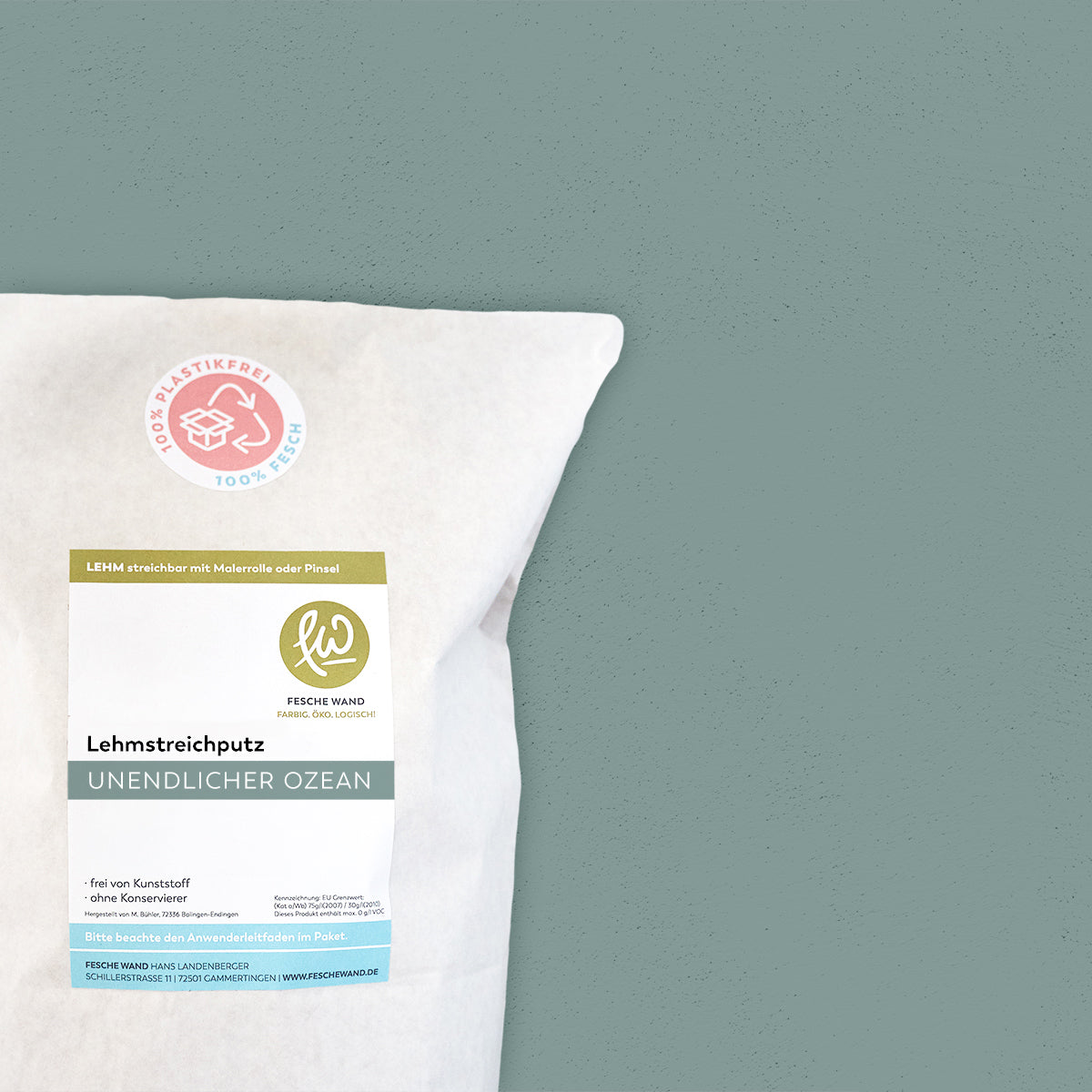 Lehmstreichputz - 0,8 KG in unendlicher Ozean (kräftiges graugrün) von Fesche Wand - #farbe_unendlicher Ozean (kräftiges graugrün)