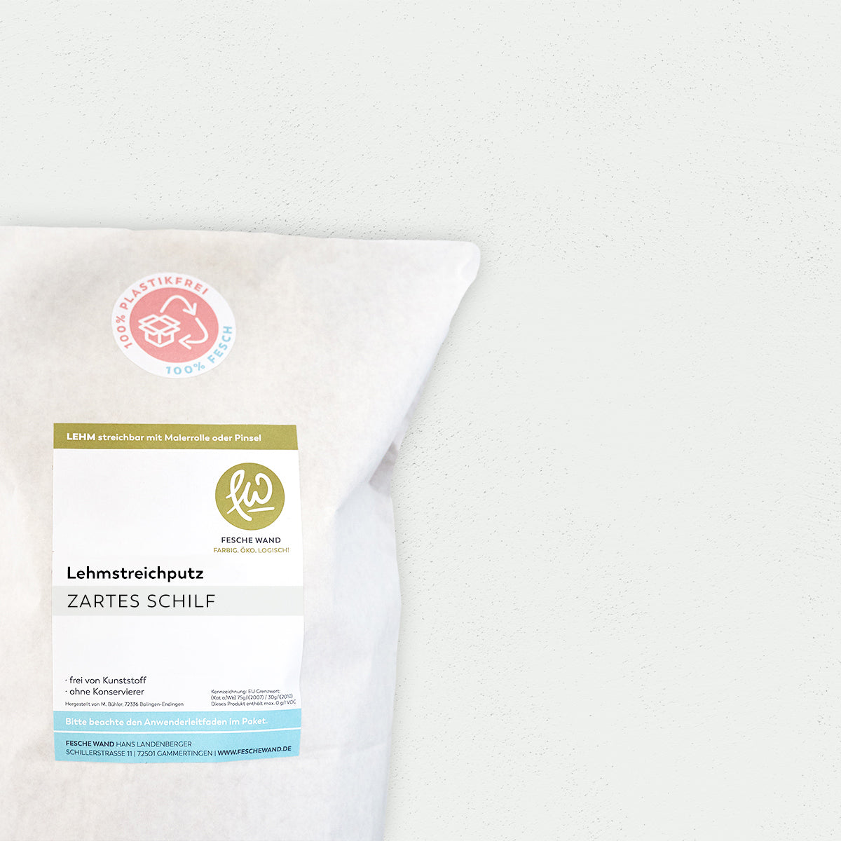 Lehmstreichputz - 0,8 KG in zartes Schilf (leichtes blaugrau) von Fesche Wand - #farbe_zartes Schilf (leichtes blaugrau)
