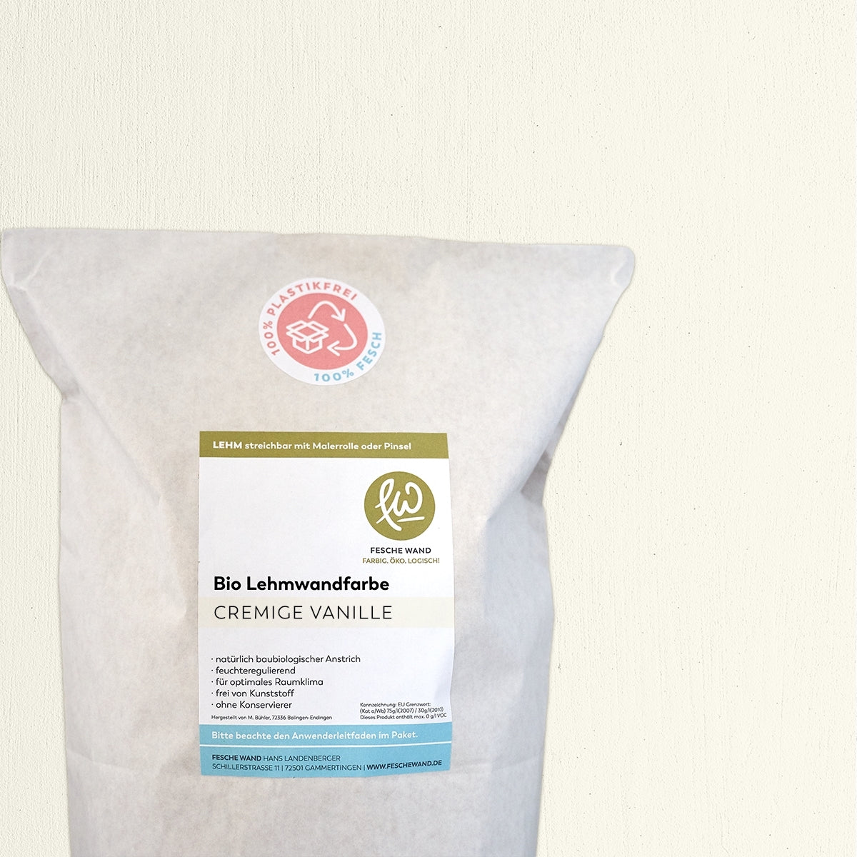 Bio Lehmwandfarbe - 16 KG in cremige Vanille (creme-weiß) von Fesche Wand - #farbe_cremige Vanille (creme-weiß)