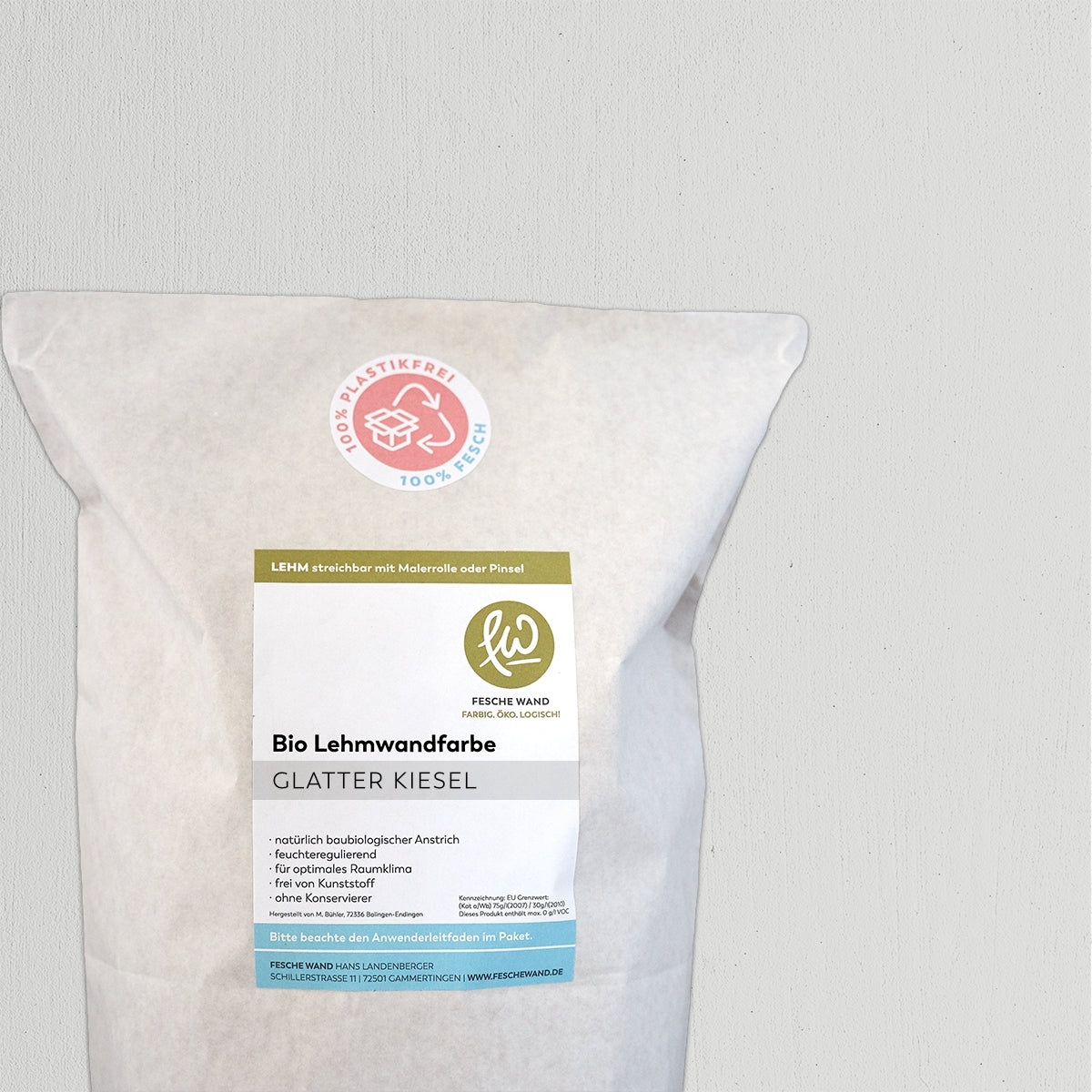 Bio Lehmwandfarbe - 2 KG in glatter Kiesel (hellgrau) von Fesche Wand - #farbe_glatter Kiesel (hellgrau)