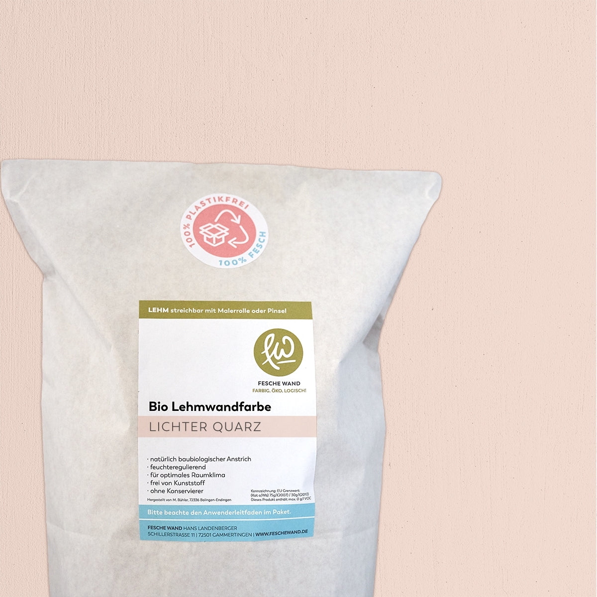 Bio Lehmwandfarbe - 16 KG in lichter Quarz (warmes rosé) von Fesche Wand - #farbe_lichter Quarz (warmes rosé)