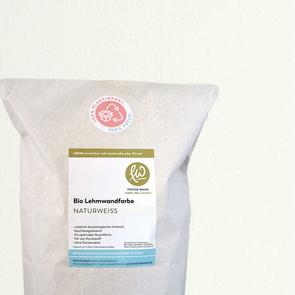 Bio Lehmwandfarbe - 16 KG in Naturweiß von Fesche Wand - #farbe_Naturweiß