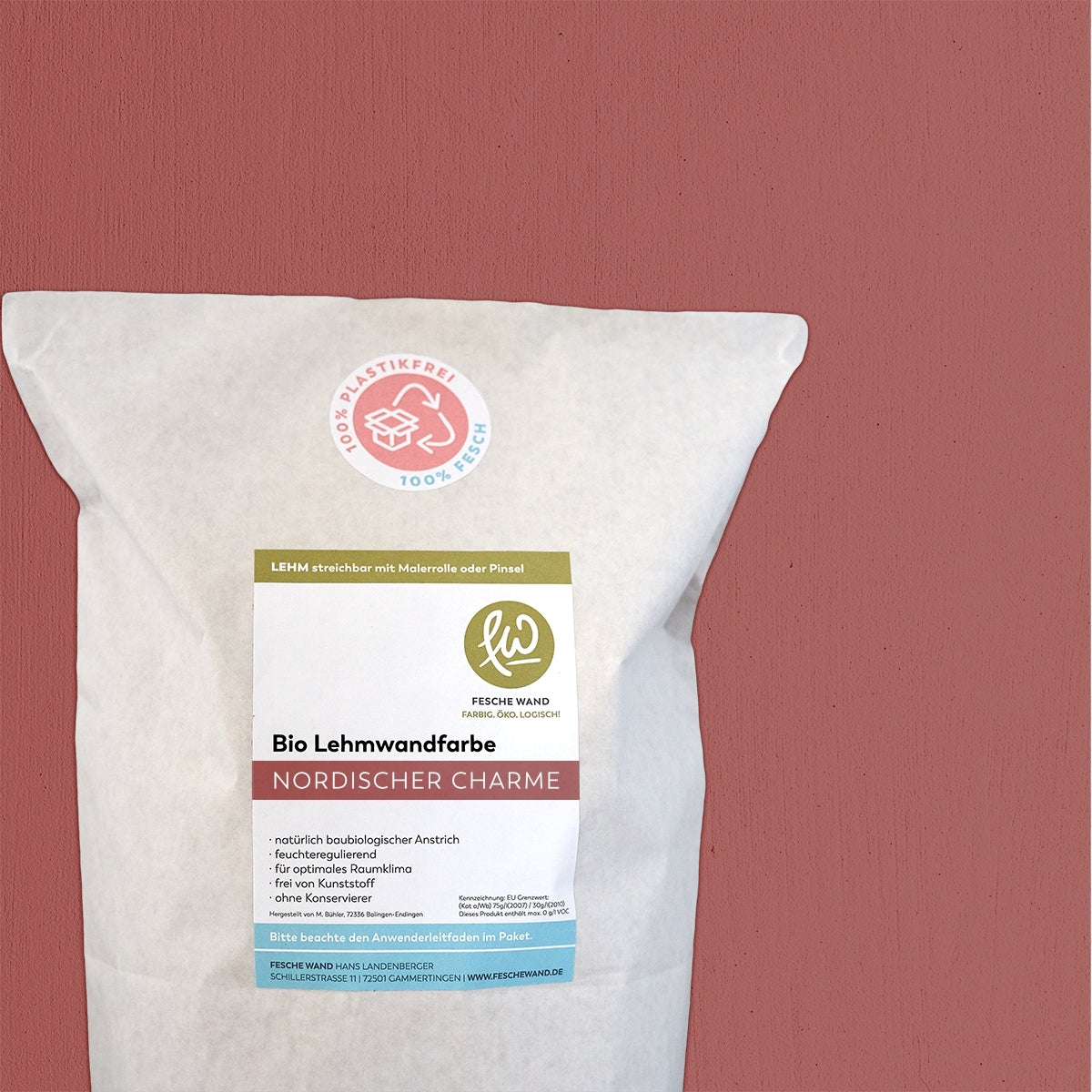 Bio Lehmwandfarbe - 0,8 KG in nordischer Charme (ziegelrot) von Fesche Wand - #farbe_nordischer Charme (ziegelrot)