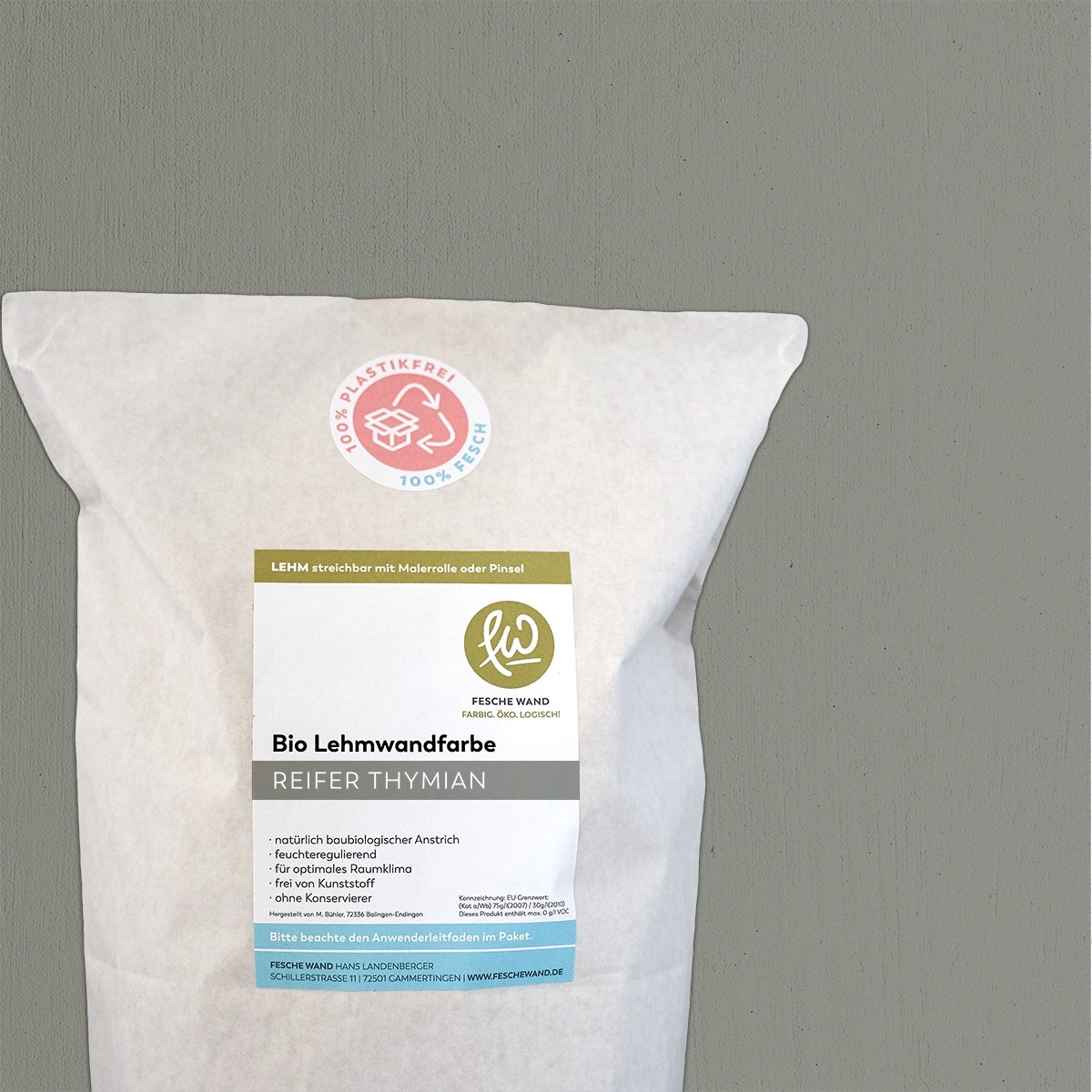 Bio Lehmwandfarbe - 16 KG in reifer Thymian (dunkles graugrün) von Fesche Wand - #farbe_reifer Thymian (dunkles graugrün)