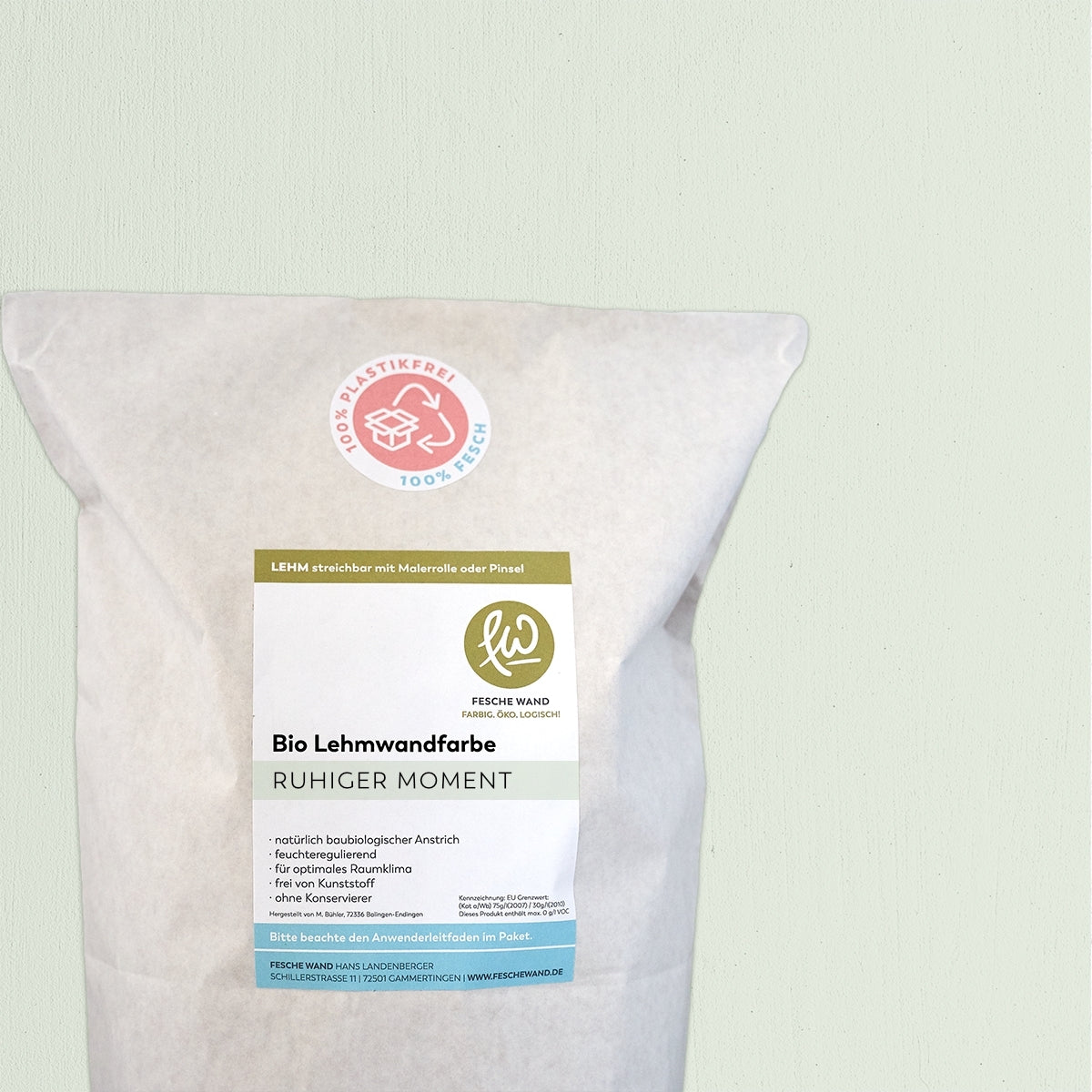 Bio Lehmwandfarbe - 8 KG in ruhiger Moment (helles olivgrün) von Fesche Wand - #farbe_ruhiger Moment (helles olivgrün)