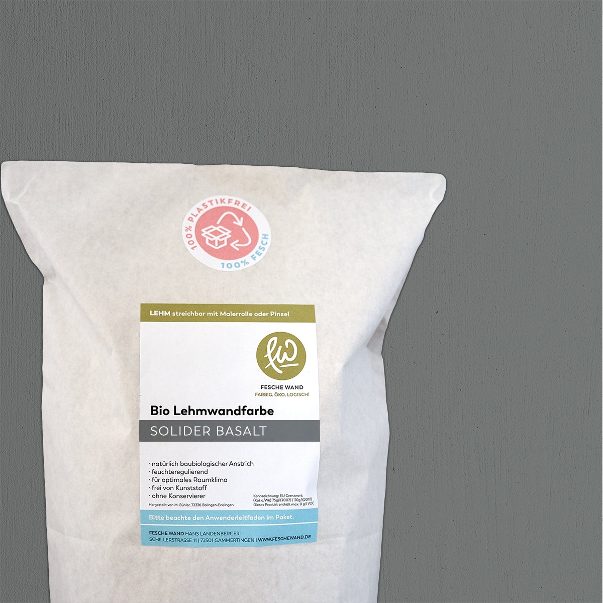 Bio Lehmwandfarbe - 2 KG in solider Basalt (anthrazit) von Fesche Wand - #farbe_solider Basalt (anthrazit)