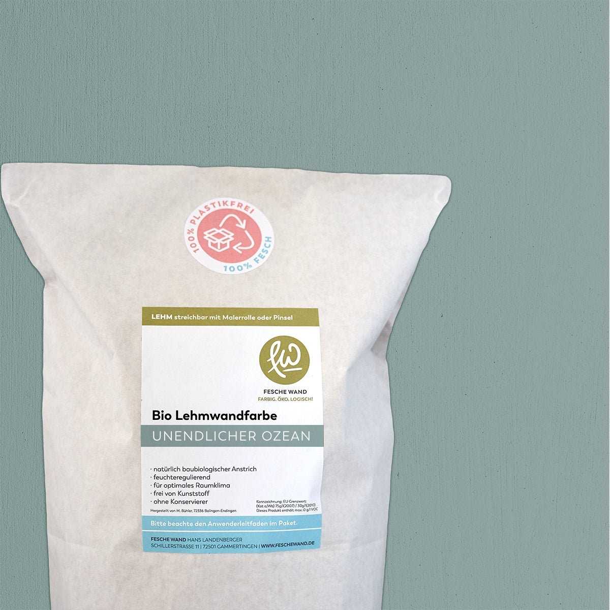 Bio Lehmwandfarbe - 2 KG in unendlicher Ozean (kräftiges graugrün) von Fesche Wand - #farbe_unendlicher Ozean (kräftiges graugrün)