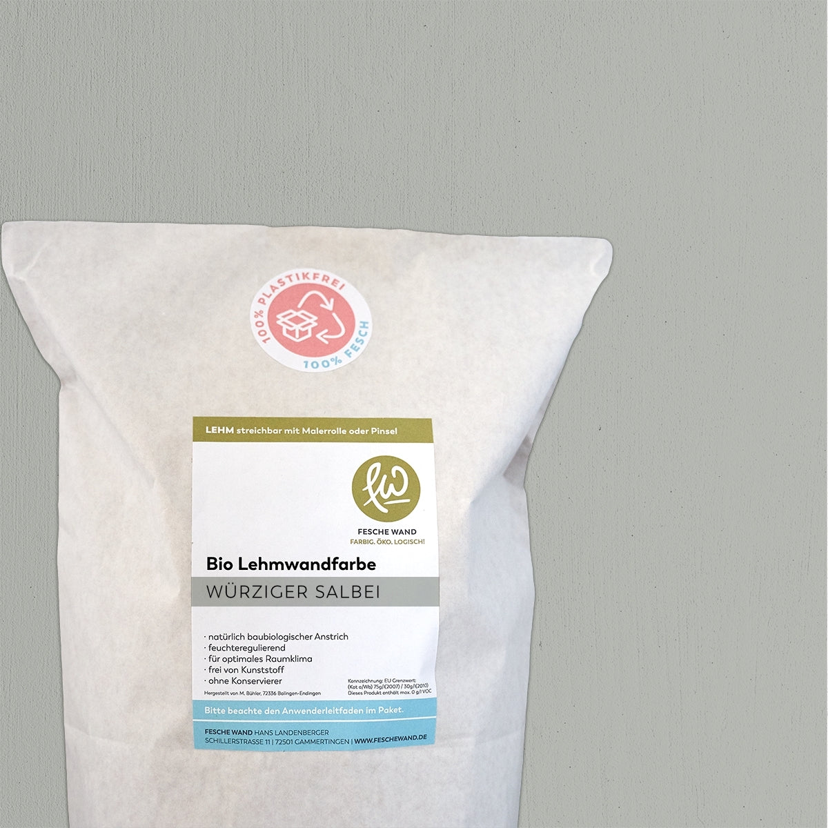 Bio Lehmwandfarbe - 2 KG in würziger Salbei (warmes grau) von Fesche Wand - #farbe_würziger Salbei (warmes grau)